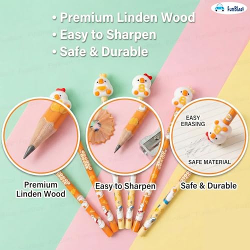 Image of FunBlast Cute Duck Pencils with Cute Erasers on Top - Pack of 6 Cartoon Pencil for Kid with 3D Kawaii Topper, Writing Drawing Tools for Kids, Birthday Return Gift for Kids (Multicolor)