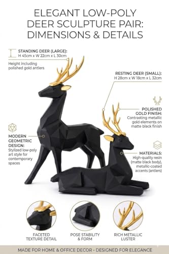 Image of Decorative Resin Deer Figurines, Resin, 25 cm Height, Set of 2, Standing and Sitting Deer Statues Geometric Showpiece for Home Decor | Housewarming Gift (Black)