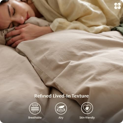 Image of Bedsure PureWoven 100% Washed Cotton Duvet Cover Only, King, Frosted Almond | 1 Duvet Cover, No Pillow Shams, Linen Like Textured, Lightweight & Breathable for All Seasons, Zipper Closure, 8 Corner Ties
