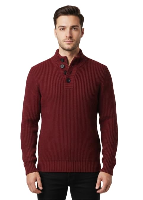 Men's Ribbed Knit Sweater, Burgundy, Button Mock Neck, Long Sleeve Pullover | Size : M-picture-35