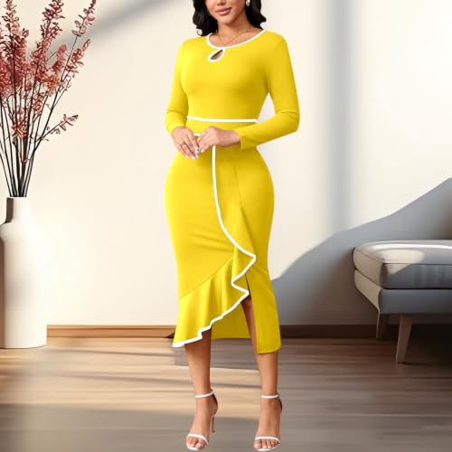 Image of Women's Elegant Church Vintage Bodycon Dress Casual Long Sleeve Work Business Pencil Split Sheath Midi Dresses