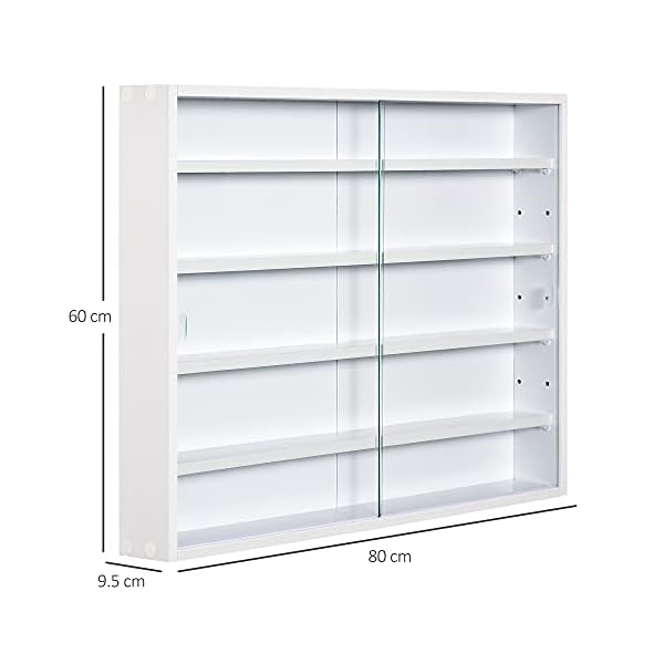HOMCOM 5-Tier Wall Display Shelf Unit Cabinet w/ 4 Adjustable Shelves Glass Doors Home Office Ornaments 60x80cm White - Image 5