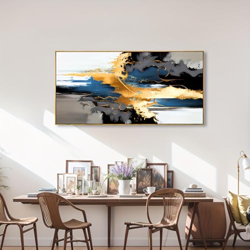 Tableau abstrait noir jaune bleu grand format 60x130cm encadré