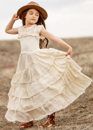 Girls Boho Cap Sleeve Elegant Linen Flower Round Neck Tiered Ruffle Swing Summer Wedding Party Maxi Dress4