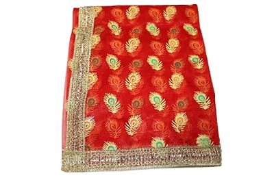 Reliable Multipurpose Net Foil Morpankh Print Puja Altar Cloth Devi Mata Chunri (1 Meters, Red)