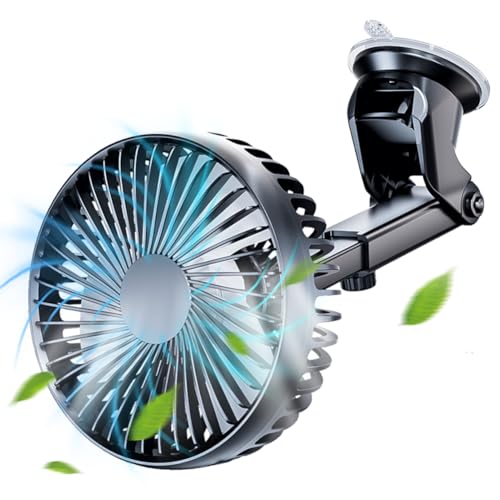 Demiawaking 12V 24V Auto Ventilator Geräuscharmer 360 Grad Rotation USB 3-Gang Geschwindigkeit Auto Lüfter Kühler mit Saugnapf für Auto SUV LKW (04)