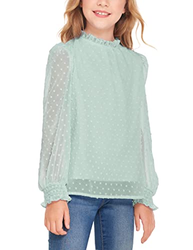 Yimoroe Blouse For Girls Fall Chiffon Tops Casual Mock Neck Swiss Dot Long Sleeve Solid Color Shirts 8-12 Years Light Green #TOP14