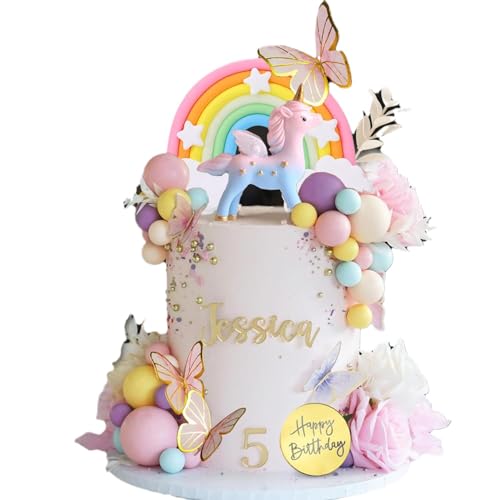 Decoración para tartas de unicornio y arco iris, decoración de pastel de unicornio con mariposas, pancarta de feliz cumpleaños, arco arcoíris, bola colorida, flores secas artificiales, suministros de