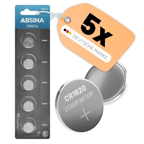ABSINA CR1620 3V Lithium Knopfzelle 5er Pack - CR 1620 Knopfbatterie auslaufsicher & Lange Haltbarkeit - CR 1620 Knopfzelle für Autoschlüssel, Uhr und vieles mehr - CR1620 3 Volt Batterien