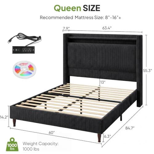 Image of Queen Size Bed Frame with 55.3 inch Tall Headboard, Corduroy Upholstered,Black
