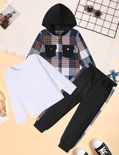 Image of Toddler Boy Clothes Plaid Hooded Shirt White T-shirt Top and Solid Color Pants 3Pcs Winter Boys Clothes