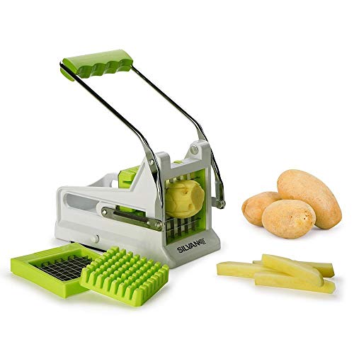 Cortador de Patatas Mecánico - Con Palanca de Fácil Uso - Incluye 2 Cuchillas de Distinto Grosor - Prepara Patatas Fritas Caseras - Color Blanco y Verde - Silvano Cover