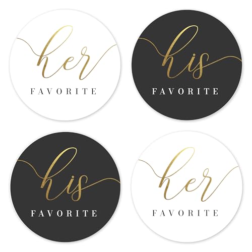 Mobiusea Creation His Favorite Her Favorite Stickers | 60pcs Black & White Gold Foil Wedding Stickers for Bridal Shower Engagement & Anniversary Party Favors | 2x2 Waterproof Labels
