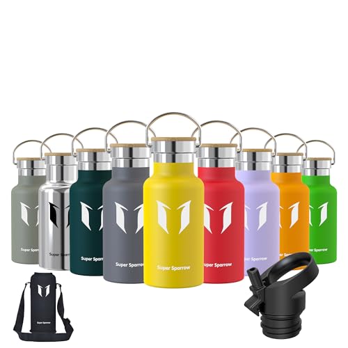 Super Sparrow Vattenflaska Barn - 350ml - Rostfritt Stål Metallflaska - Termos Standard Mun - Giftfri BPA-Fri - Perfekt Som Sportflaska - 2 Lock