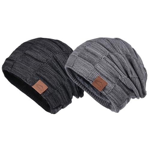 BABAHU - BABAHU Knit Beanie Hat for Men and Women Winter Warm Hats Thick Fleece Lined Slouchy Beanie Skull Cap (CA/US, Alpha, One Size, A-Black+Grey)