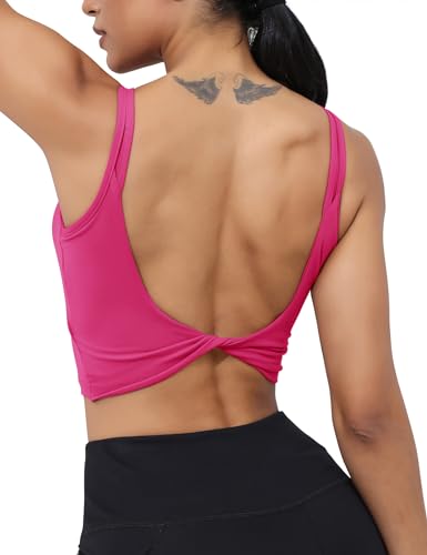 Image of LUYAA Womens Workout Sports Bras Backless Padded Yoga Tank Tops Crop Twist Low Back Cami Bra for Gym