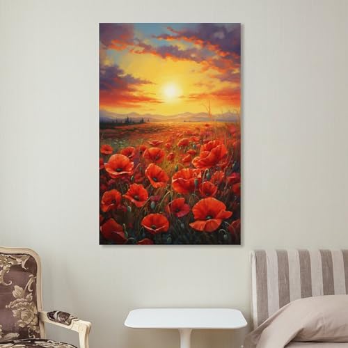 Tableau fleurs rustiques abstraites sur toile encadrée coquelicots sauvages
