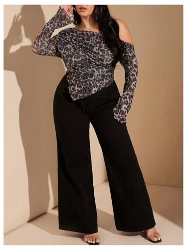 WDIRARA Women's Plus Size Leopard Print T Shirt One Shoulder Long Bell Sleeve Asymmetrical Hem Tops4