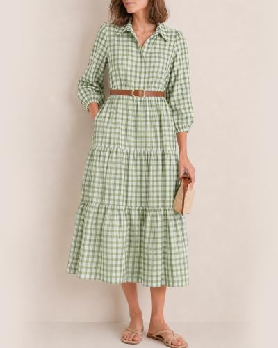 Image of Women Button Down Maxi Shirt Dress Long Sleeve Flowy Tiered Collared Dresses with Pockets
