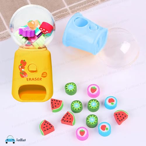 Image of FunBlast Machine Eraser Set - 15 Pcs Fruit Shaped Eraser Dispenser Toy, Mini Kawaii Erasers for Kids, Fancy Erasers for School & Office, Stationery Supplies, Birthday Return Gift for Kids (Yellow)