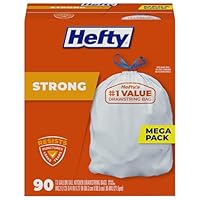 Hefty Strong 13 Gallon Trash Bags, Tall Kitchen Trash Bags, UnscentedLarge Trash Bags with Drawstrings, Durable Closure, Resists Leaks, Punctures, and Tears, White, Unscented, 90 Bags