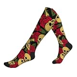 GXUNGT Calcetines hasta la rodilla con estampado de rosa y calavera, calcetines de apoyo para correr, ciclismo y viajes., 2 Negro-2, Altoa única