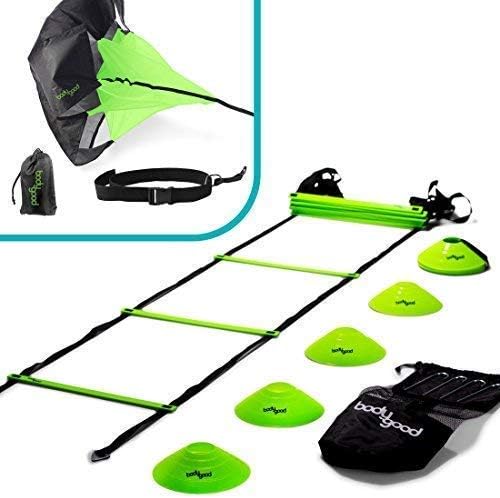 BodyGood Speed & Agility Training Set. Includes Agility Ladder, Resistance Running Parachute, 15 Sports Cones & Bag. Use Equipment to Improve Footwork Any Sport. Comes Instructional PDF