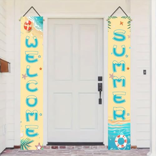 Image of BlissYard 2pcs Welcome Summer Door Banner Beach Themed Decorations Sea Star Hanging Porch Banner Summer Decor for Outside Hawaii Tropical Party Seasonal Outdoor Indoor Holiday Supplies