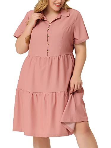 Image of Agnes Orinda Plus Size Chambray Dress for Women Short Sleeve Button Down Flowy Tiered Shirt Dresses