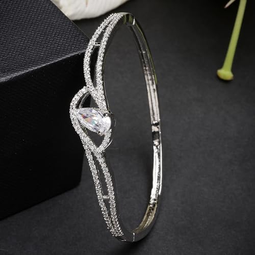 Image of ZENEME Rhodium-Plated Silver Toned American Diamond Openable Hinged Kada Bracelet for Women & Girls | CZ Studded Designer Hand Jewellery