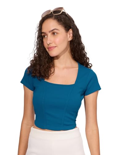 Image of The Souled Store Solids: Cobalt Blue Women and Girls Square Neck Short Sleeves Polyester Blend Slim Fit Ribbed Cropped Tops