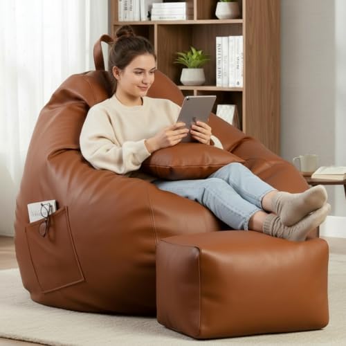Image of KAM'S LIEU 5XL Luxury Faux Leather Bean Bag with Footrest & Cushion | Pre-Filled High-Density Polystyrene Beans | Premium Leatherette | 6 Months Warranty Color- (Tan, Without Footrest)