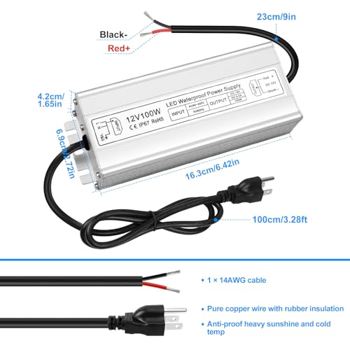 Image of LED Driver 100W 12V Power Supply, IP67 Waterproof Low Voltage Transformer, AC 90-265V to DC 12V 8.5A Converter for Outdoor Landscape Lighting and LED Strip Lights, with 3-Prong Plug 3.3 Feet Cable