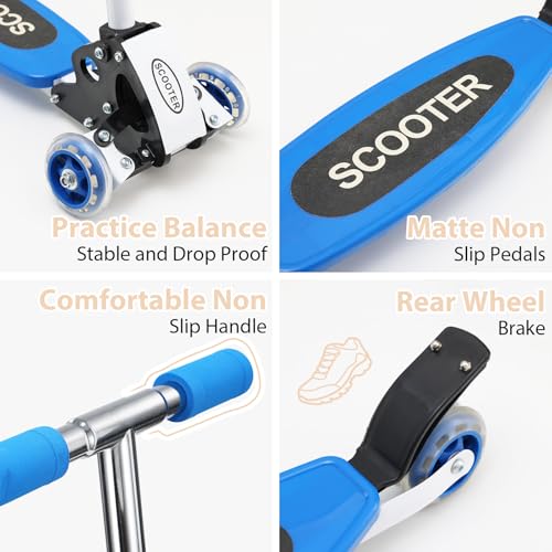 Kids Kick Scooter, 4 Adjustable Height Handlebars, 3 Wheels Scooter for Kids Ages 3-12, Lean-to-Steer & Widen Anti-Slip Deck, 3 Wheel Scooter for Boys & Girls, up to 110 Lbs, Blue - Thumbnail 2