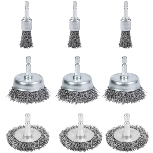 9-Piece Wire Brush Drill Set 1/4 Hex Shank High-Carbon Steel Pen/Wheel/Cup Brushes for Rust & Paint Prep on Metal/Wood DIY & Trade