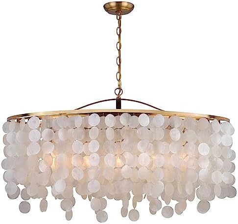 VAXCEL Elsa 5 Light Capiz Shell Chandelier, Kitchen Island Pendant Fixture, Light Gold Brass Finish, Dimmable Ceiling Mounted Lighting