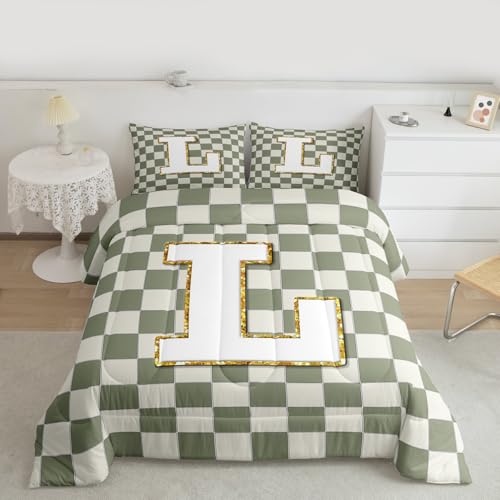 Image of Erosebridal Sage Green Checkered Bedding Set Twin Plaid Initial L Comforter Set for Kids Adults Personalized Monogram Down Comforter,Fashion Grids Gingham Quilt Duvet