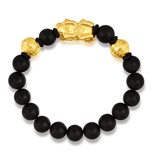 CHOW SANG SANG Cultural Blessings 999 24K Solid Gold Pixiu with 15 Black Chalcedony Beads Beaded Blessing Bracelet for Men 91338B | Size 6 (Wrist Size:14-15 CM)4