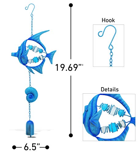 Cota Global Blue Fish Sea Glass Hanging Wind Chime 19.69 Inch, Nautical Glass Windchime Outdoor Decor For A Harmonic Porch, Patio & Garden, Unique Beach Art Indoor Wind Chime Window Mobile #TOP1