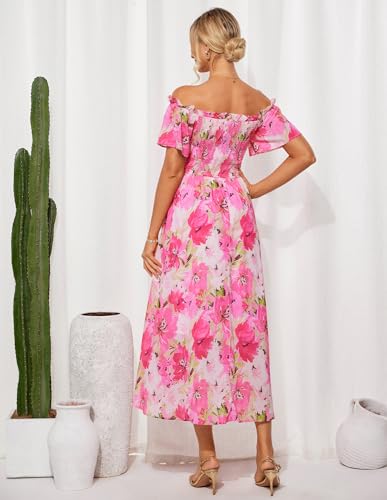 GRACE KARIN Women's 2025 Summer Floral Smocked Off Shoulder Flowy A Line Maxi Dresses Formal Wedding Guest Dress with Pockets3