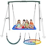Hapfan 60'' Platform Swing with 7.5 FT Tall Swing Stand, 32'' Spider Web Swing and Belt Swing