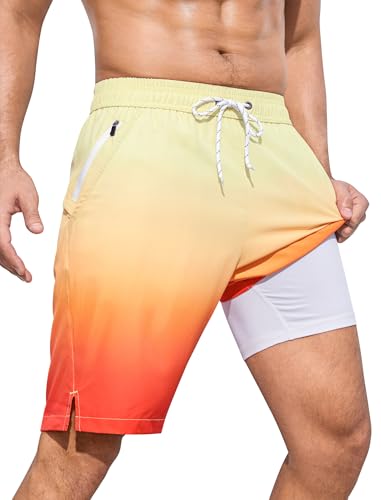 SILKWORLD Mens Swim Trunks with Compression Liner Quick Dry Bathing