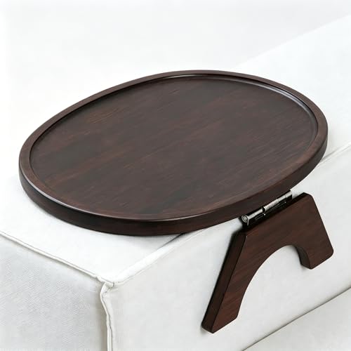 DETOR Couch Armrest Table, Rich Mahogany Bamboo Finish, Rustproof 304 Stainless Steel Hinges, Odor-Free Non-Slip Pads, 13.4"x10" Sofa Tray Top, Fits 6"-10" Armrests for Drinks and Bites