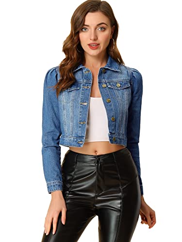 Allegra K Women's Jean Jackets Puff Sleeve Button Up Cropped Denim