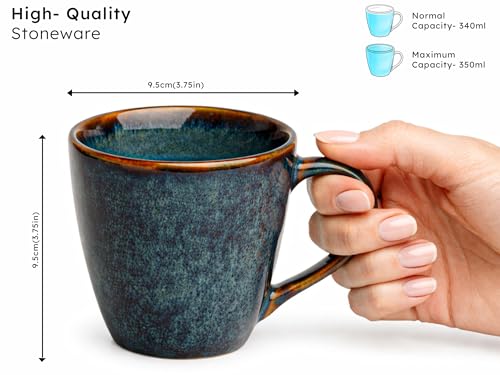 Image of Bodhi House Handcrafted Ceramic Coffee Mug Set of 4 Pieces (350 Ml), Stoneware Tea Cup, Microwave Safe Large Milk Mug, Glossy Finish, Ideal for Daily use, Casual Gatherings and Gifting, Greenish Blue
