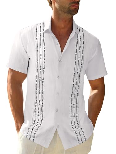 GRMNSG Mens Linen Guayabera Shirts Short Sleeve Summer Beach Casual Cuban Shirt White
