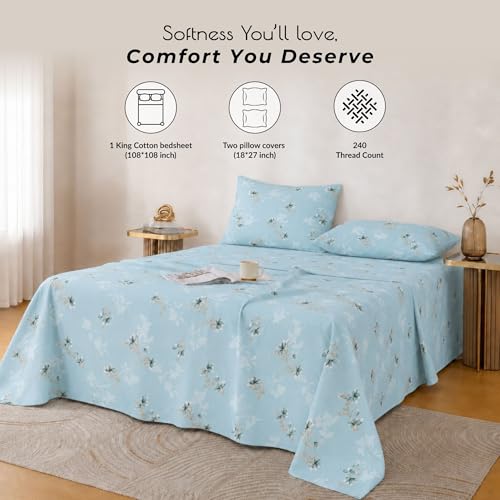 Image of Cotton King Size Bedsheet 104x108 Super King, 100% Pure Cotton Bed Sheet with 2 Pillow Covers, 240 TC Soft Breathable Floral Design Bedding - (Serene Blue, Super King)