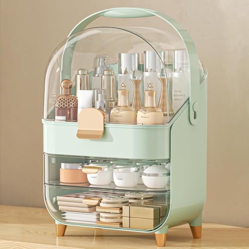 SIOOUI Makeup Organizer for Vanity, Skincare Organiser with Lid and Drawers, DustProof Waterproof Storage Box Cosmetic Display Cases Bedroom Bathroom Desktop (Light Green) SIOOUI Makeup Organizer for Vanity, Skincare Organiser with Lid and Drawers, DustProof Waterproof Storage Box Cosmetic Display Cases Bedroom Bathroom Desktop (Light Green)