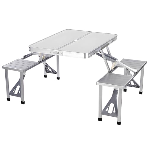 Juego de mesa de picnic plegable ligera con 4 sillas y ranura para paraguas, diseño portátil de embalaje automático, fácil almacenamiento, ideal para acampar al aire libre, barbacoas y reuniones