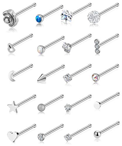 Tornito 20G 20Pcs Nose Ring Cz Nose Stud Retainer Bone Labret Nose Piercing Jewelry Set Stainless Steel Silver Tone #TOP7
